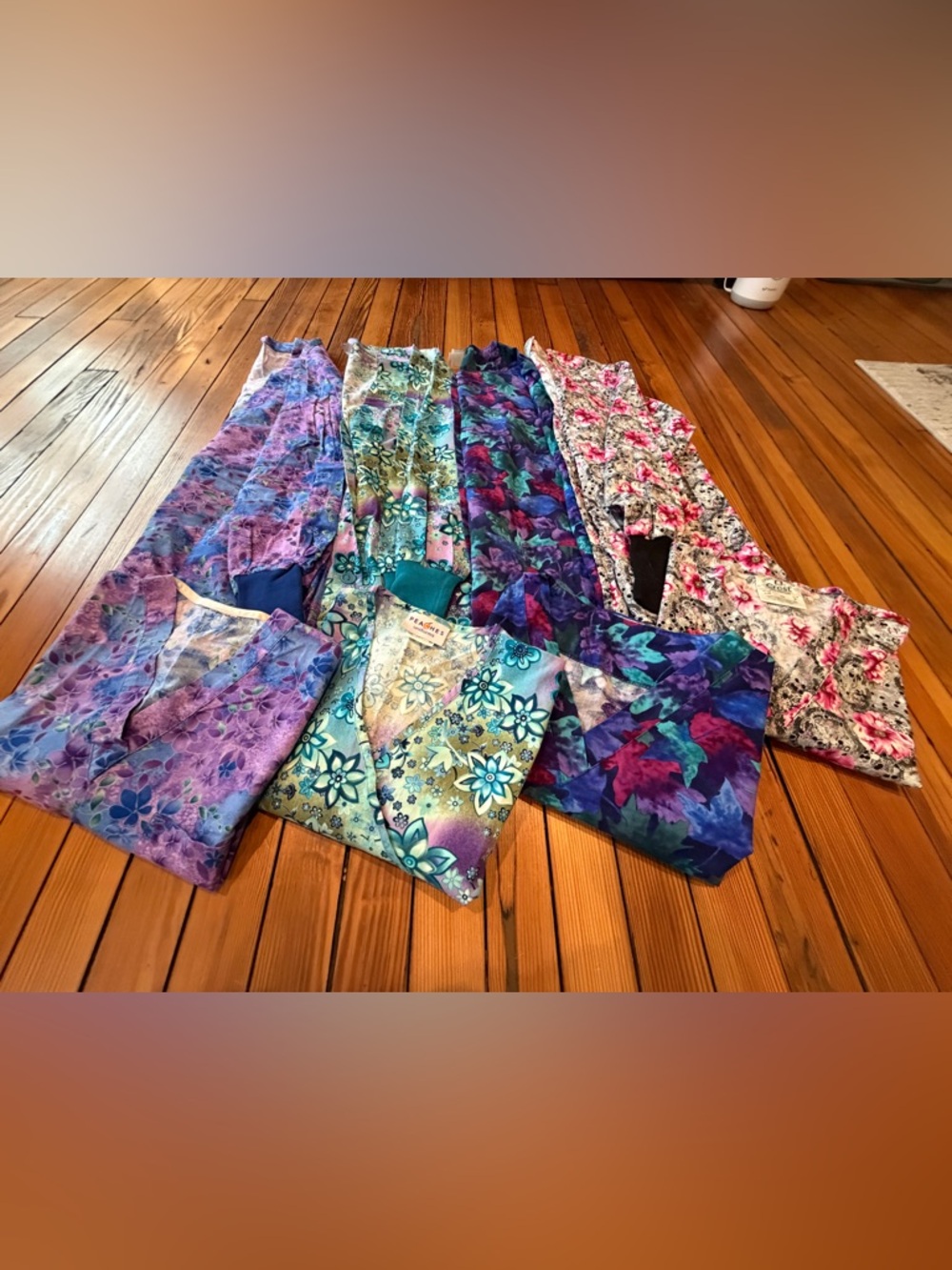 Mixed Floral Scrub Tops and Smock Jackets - Teal, Purple, Pink, Blue